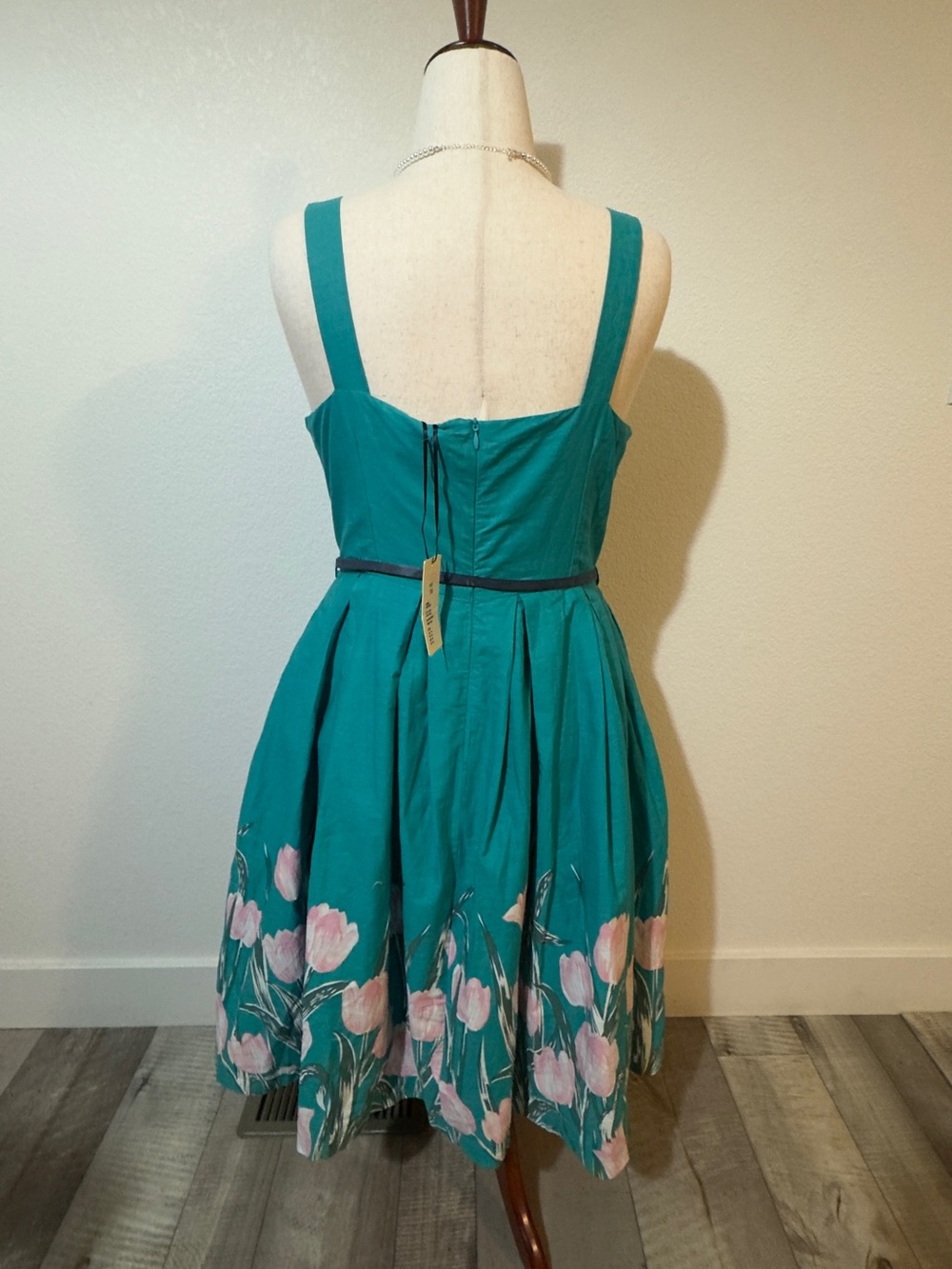 Lindy Bop Turquoise Midi Dress with Pink Tulip Floral Hem - Picture 4 of 7